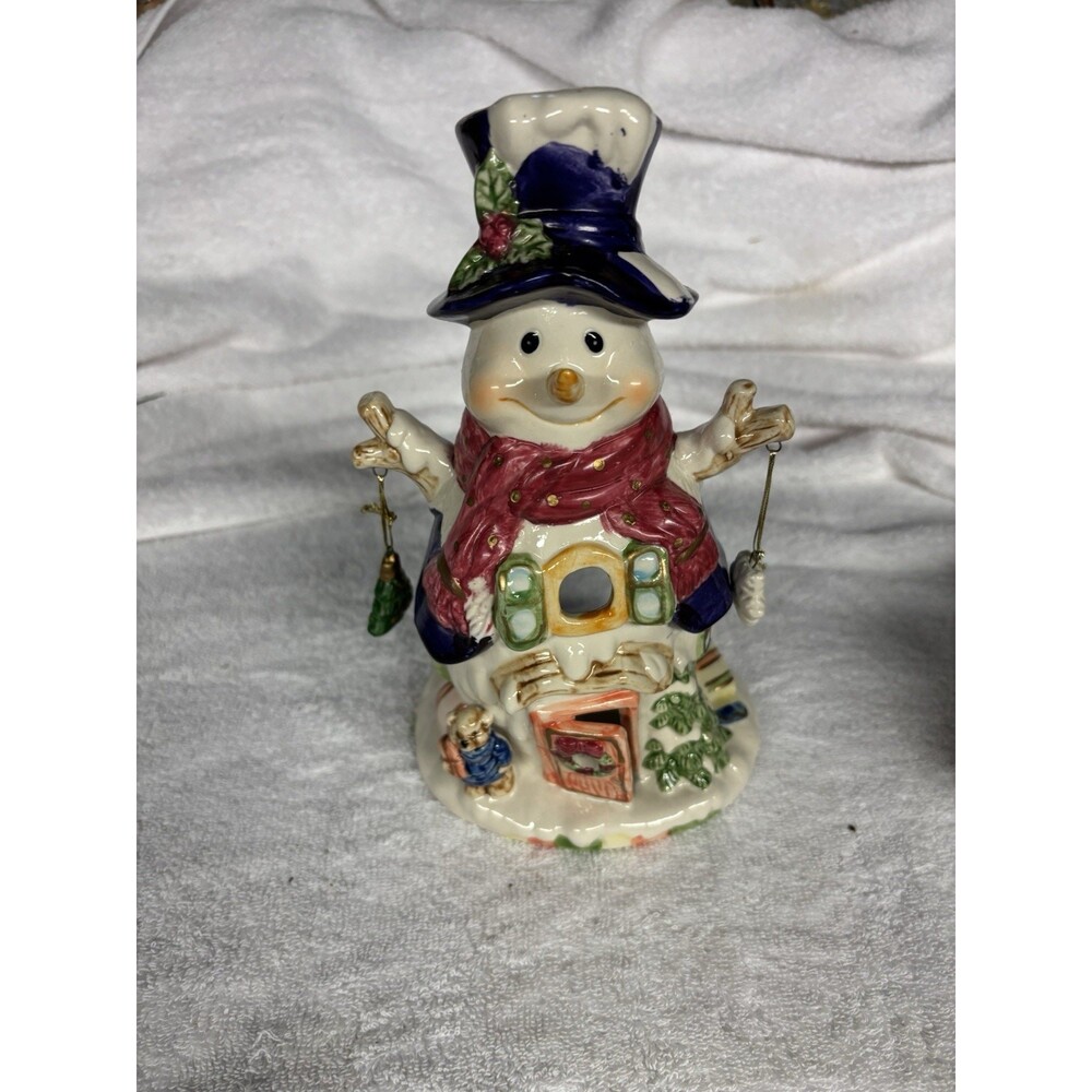 Christmas Ceramic Snowman Tea Light Holder Charms in Hand 8" Figurine